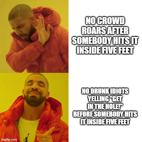 Drake Blank | NO CROWD ROARS AFTER SOMEBODY HITS IT INSIDE FIVE FEET; NO DRUNK IDIOTS YELLING "GET IN THE HOLE!" BEFORE SOMEBODY HITS IT INSIDE FIVE FEET | image tagged in drake blank,golf | made w/ Imgflip meme maker