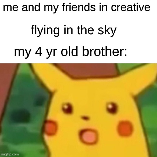 Surprised Pikachu | me and my friends in creative; flying in the sky; my 4 yr old brother: | image tagged in memes,surprised pikachu | made w/ Imgflip meme maker