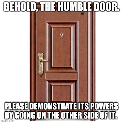 this door | BEHOLD, THE HUMBLE DOOR. PLEASE DEMONSTRATE ITS POWERS BY GOING ON THE OTHER SIDE OF IT. | image tagged in this door | made w/ Imgflip meme maker