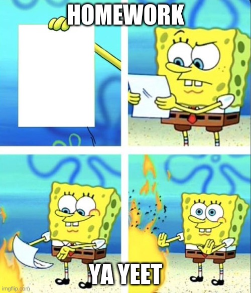 Spongebob yeet | HOMEWORK; YA YEET | image tagged in spongebob yeet | made w/ Imgflip meme maker