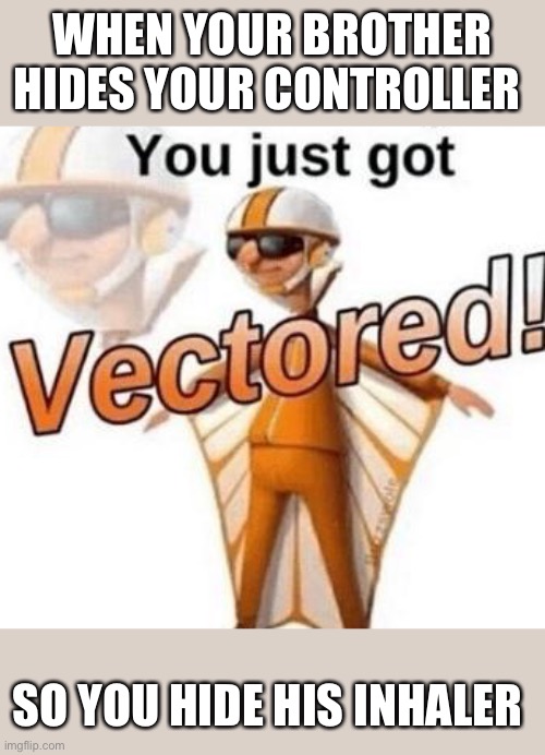 You just got vectored | WHEN YOUR BROTHER HIDES YOUR CONTROLLER; SO YOU HIDE HIS INHALER | image tagged in you just got vectored | made w/ Imgflip meme maker