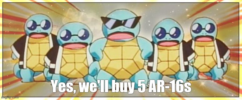 Squirtle Squad | Yes, we'll buy 5 AR-16s | image tagged in squirtle squad | made w/ Imgflip meme maker