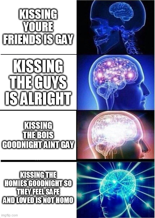Expanding Brain | KISSING YOURE FRIENDS IS GAY; KISSING THE GUYS IS ALRIGHT; KISSING THE BOIS GOODNIGHT AINT GAY; KISSING THE HOMIES GOODNIGHT SO THEY FEEL SAFE AND LOVED IS NOT HOMO | image tagged in memes,expanding brain | made w/ Imgflip meme maker