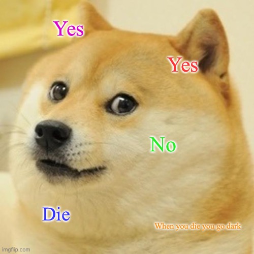 True | Yes; Yes; No; Die; When you die you go dark | image tagged in memes,doge | made w/ Imgflip meme maker
