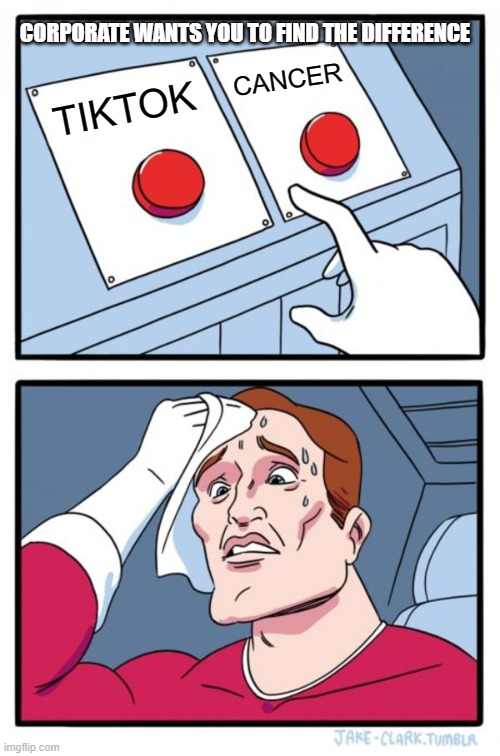 Two Buttons Meme | CORPORATE WANTS YOU TO FIND THE DIFFERENCE; CANCER; TIKTOK | image tagged in memes,two buttons | made w/ Imgflip meme maker