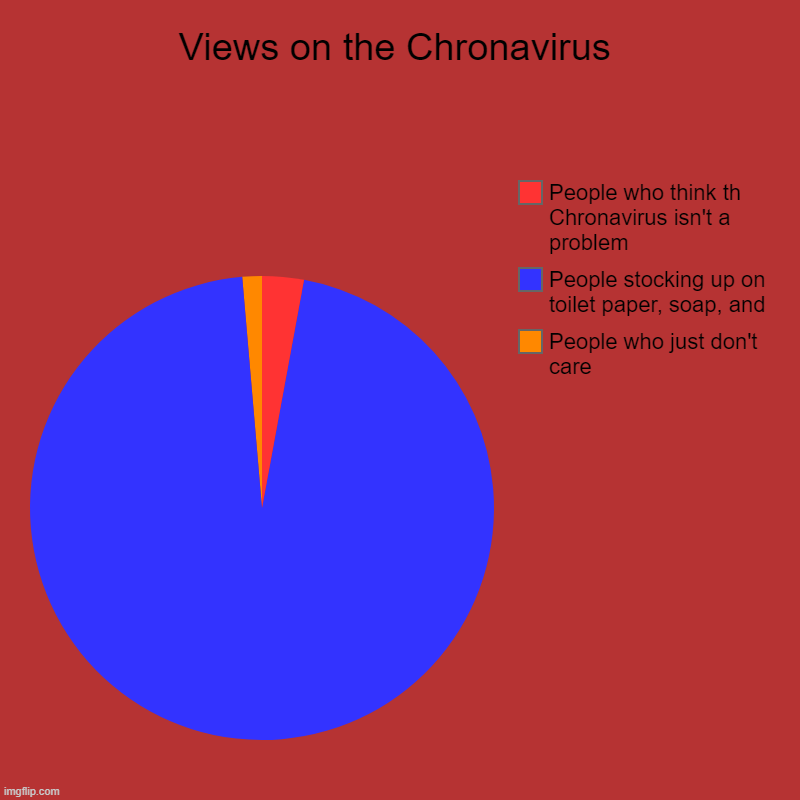 Views on the Chronavirus | People who just don't care, People stocking up on toilet paper, soap, and , People who think th Chronavirus isn't | image tagged in charts,pie charts | made w/ Imgflip chart maker