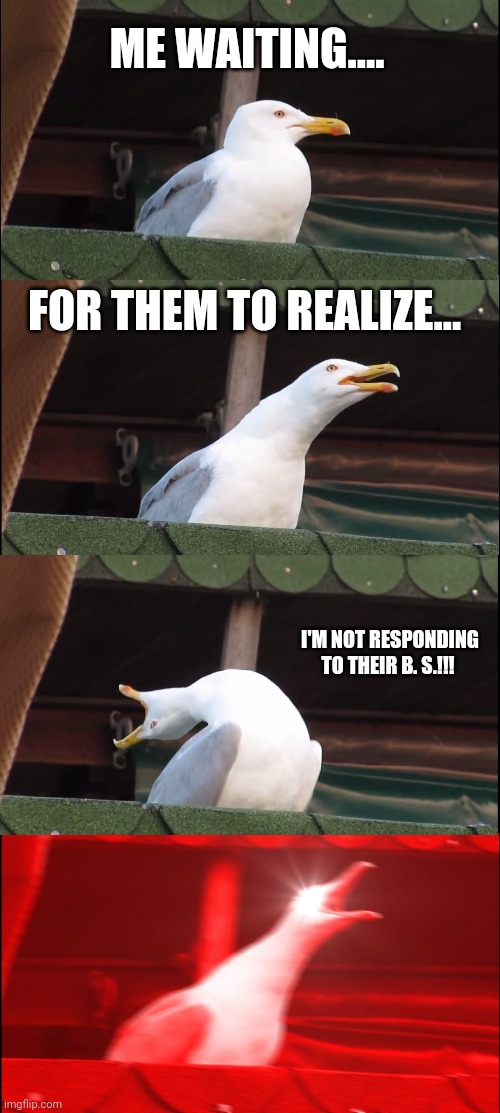 Inhaling Seagull Meme | ME WAITING.... FOR THEM TO REALIZE... I'M NOT RESPONDING TO THEIR B. S.!!! | image tagged in memes,inhaling seagull | made w/ Imgflip meme maker