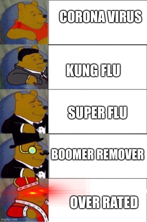 CORONA VIRUS; KUNG FLU; SUPER FLU; BOOMER REMOVER; OVER RATED | image tagged in coronavirus | made w/ Imgflip meme maker