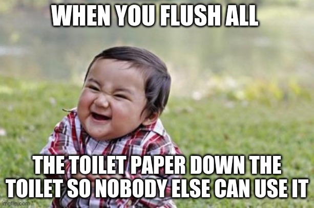 Evil Toddler Meme | WHEN YOU FLUSH ALL; THE TOILET PAPER DOWN THE TOILET SO NOBODY ELSE CAN USE IT | image tagged in memes,evil toddler | made w/ Imgflip meme maker