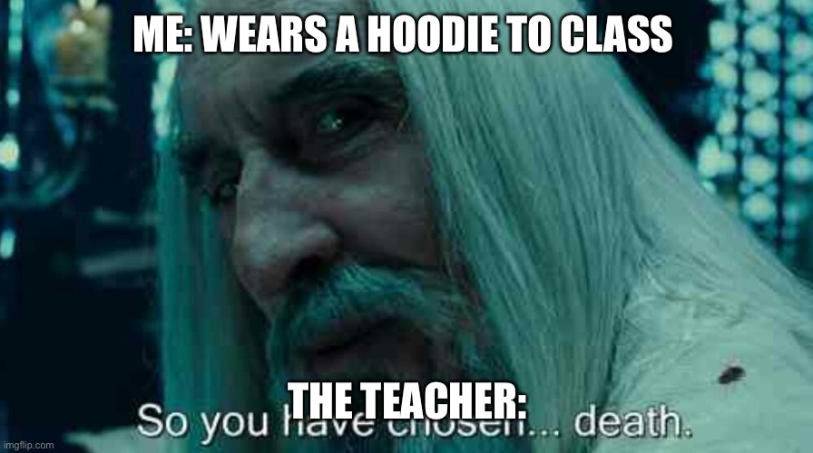 So you have chosen death | ME: WEARS A HOODIE TO CLASS; THE TEACHER: | image tagged in so you have chosen death | made w/ Imgflip meme maker