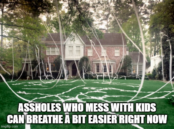 Damn Shame | ASSHOLES WHO MESS WITH KIDS CAN BREATHE A BIT EASIER RIGHT NOW | image tagged in toilet paper house | made w/ Imgflip meme maker