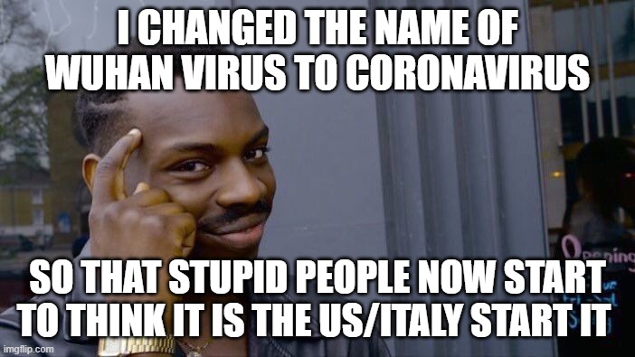 Roll Safe Think About It Meme | I CHANGED THE NAME OF WUHAN VIRUS TO CORONAVIRUS; SO THAT STUPID PEOPLE NOW START TO THINK IT IS THE US/ITALY START IT | image tagged in memes,roll safe think about it | made w/ Imgflip meme maker