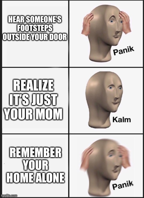 Panik Kalm Panik | HEAR SOMEONE’S FOOTSTEPS OUTSIDE YOUR DOOR; REALIZE IT’S JUST YOUR MOM; REMEMBER YOUR HOME ALONE | image tagged in panik kalm | made w/ Imgflip meme maker