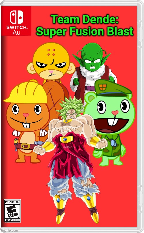 Team Dende 71 (HTF Crossover Game) | Team Dende: Super Fusion Blast | image tagged in switch au template,team dende,dende,happy tree friends,dragon ball z,nintendo switch | made w/ Imgflip meme maker