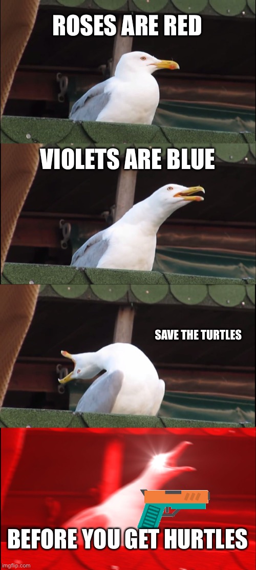 Inhaling Seagull | ROSES ARE RED; VIOLETS ARE BLUE; SAVE THE TURTLES; BEFORE YOU GET HURTLES | image tagged in memes,inhaling seagull,roses are red violets are are blue,vsco | made w/ Imgflip meme maker