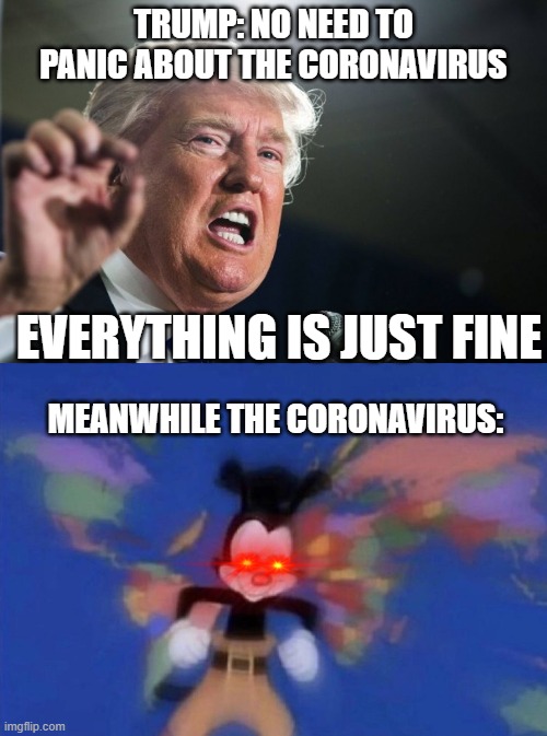 Trump be like... | TRUMP: NO NEED TO PANIC ABOUT THE CORONAVIRUS; EVERYTHING IS JUST FINE; MEANWHILE THE CORONAVIRUS: | image tagged in donald trump,yakko's world,coronavirus,fun,funny,memes | made w/ Imgflip meme maker