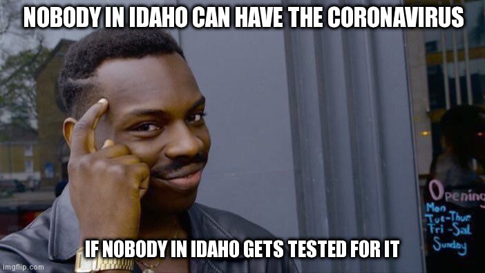 Roll Safe Think About It | NOBODY IN IDAHO CAN HAVE THE CORONAVIRUS; IF NOBODY IN IDAHO GETS TESTED FOR IT | image tagged in memes,roll safe think about it | made w/ Imgflip meme maker