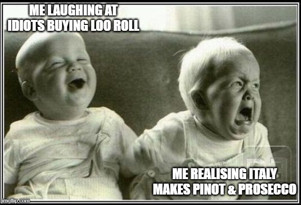 funny not funny corona | ME LAUGHING AT IDIOTS BUYING LOO ROLL; ME REALISING ITALY MAKES PINOT & PROSECCO | image tagged in funny not funny corona | made w/ Imgflip meme maker