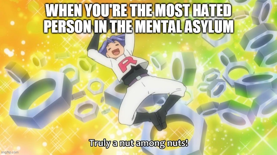 insane | WHEN YOU'RE THE MOST HATED PERSON IN THE MENTAL ASYLUM | image tagged in insane | made w/ Imgflip meme maker