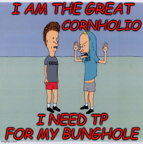 I AM THE GREAT; CORNHOLIO; I NEED TP FOR MY BUNGHOLE | image tagged in beavis and butthead,cornholio,toilet paper,no more toilet paper,coronavirus,the struggle is real | made w/ Imgflip meme maker