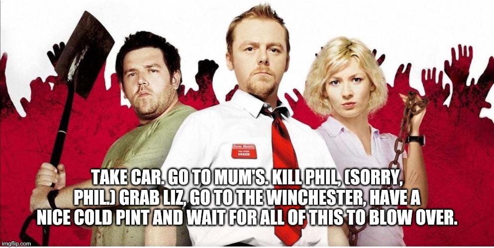 Coronavirus Plan | TAKE CAR. GO TO MUM'S. KILL PHIL, (SORRY, PHIL.) GRAB LIZ, GO TO THE WINCHESTER, HAVE A NICE COLD PINT AND WAIT FOR ALL OF THIS TO BLOW OVER. | image tagged in coronavirus,shaun of the dead,zombie | made w/ Imgflip meme maker