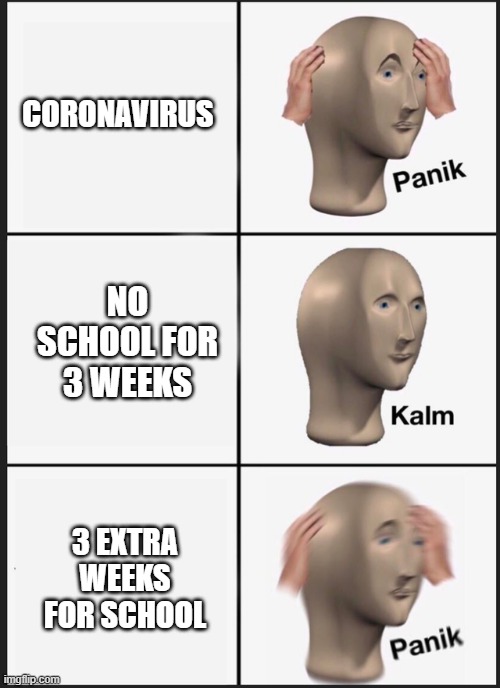 CORONAVIRUS; NO SCHOOL FOR 3 WEEKS; 3 EXTRA WEEKS FOR SCHOOL | image tagged in coronavirus | made w/ Imgflip meme maker