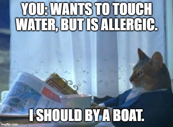 I Should Buy A Boat Cat Meme | YOU: WANTS TO TOUCH WATER, BUT IS ALLERGIC. I SHOULD BY A BOAT. | image tagged in memes,i should buy a boat cat | made w/ Imgflip meme maker