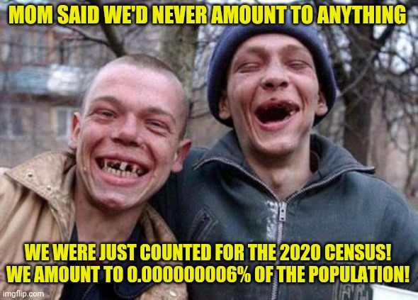 2020 Census | MOM SAID WE'D NEVER AMOUNT TO ANYTHING; WE WERE JUST COUNTED FOR THE 2020 CENSUS! WE AMOUNT TO 0.000000006% OF THE POPULATION! | image tagged in memes,ugly twins,counting | made w/ Imgflip meme maker