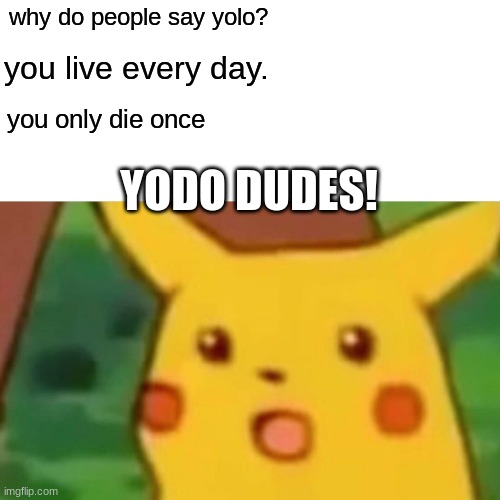 Surprised Pikachu Meme | why do people say yolo? you live every day. you only die once; YODO DUDES! | image tagged in memes,surprised pikachu | made w/ Imgflip meme maker