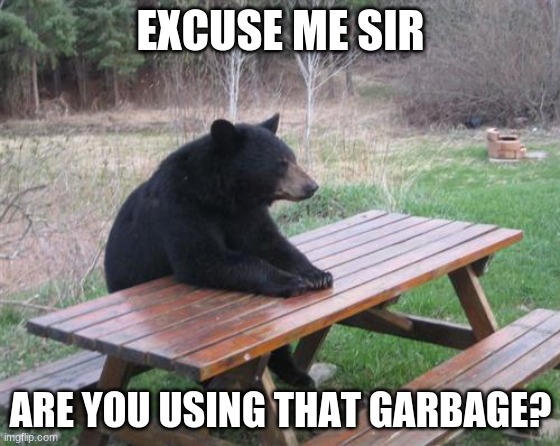Bad Luck Bear Meme | EXCUSE ME SIR; ARE YOU USING THAT GARBAGE? | image tagged in memes,bad luck bear | made w/ Imgflip meme maker