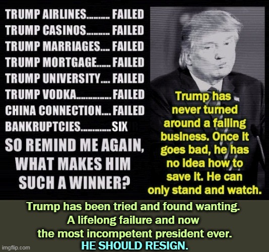 Trump has been tried and found wanting. 
A lifelong failure and now 
the most incompetent president ever. HE SHOULD RESIGN. | image tagged in trump,fail,failure,resignation | made w/ Imgflip meme maker