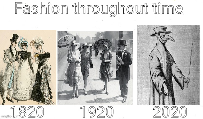 Fashion throughout time; 1820         1920          2020 | image tagged in coronavirus | made w/ Imgflip meme maker