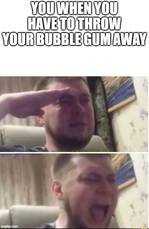 Crying salute | YOU WHEN YOU HAVE TO THROW YOUR BUBBLE GUM AWAY | image tagged in crying salute | made w/ Imgflip meme maker