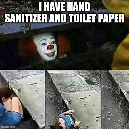 IT Clown Sewers | I HAVE HAND SANITIZER AND TOILET PAPER | image tagged in it clown sewers | made w/ Imgflip meme maker