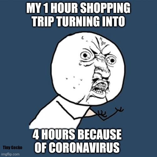 Shoping forever. Thx corona. | MY 1 HOUR SHOPPING TRIP TURNING INTO; 4 HOURS BECAUSE OF CORONAVIRUS; Tiny Gecko | image tagged in memes,y u no,coronavirus,covid-19,shopping,forever | made w/ Imgflip meme maker