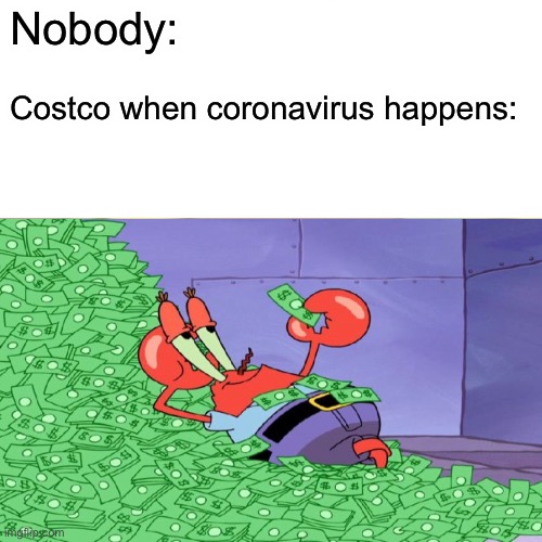 The lines are huge and the stocks are down | Nobody:; Costco when coronavirus happens: | image tagged in coronavirus | made w/ Imgflip meme maker