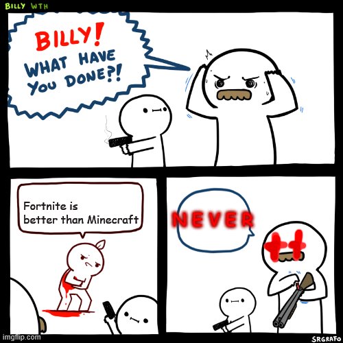 Billy, What Have You Done | Fortnite is better than Minecraft; N E V E R | image tagged in billy what have you done,fortnite,minecraft,funny,glowing eyes,lol | made w/ Imgflip meme maker