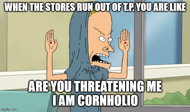 The great Cornolio | WHEN THE STORES RUN OUT OF T.P. YOU ARE LIKE; ARE YOU THREATENING ME
I AM CORNHOLIO | image tagged in the great cornolio | made w/ Imgflip meme maker
