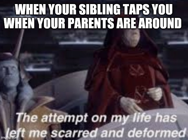 The attempt on my life has left me scarred and deformed | WHEN YOUR SIBLING TAPS YOU WHEN YOUR PARENTS ARE AROUND | image tagged in the attempt on my life has left me scarred and deformed | made w/ Imgflip meme maker