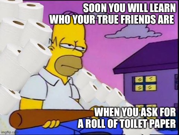 Homer Simpson toilet paper | SOON YOU WILL LEARN WHO YOUR TRUE FRIENDS ARE; WHEN YOU ASK FOR A ROLL OF TOILET PAPER | image tagged in homer simpson toilet paper | made w/ Imgflip meme maker