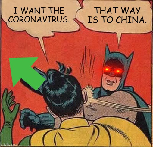 Batman Slapping Robin | I WANT THE CORONAVIRUS. THAT WAY IS TO CHINA. | image tagged in memes,batman slapping robin | made w/ Imgflip meme maker
