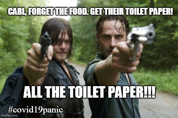 What we missed on The Walking Dead | CARL, FORGET THE FOOD. GET THEIR TOILET PAPER! ALL THE TOILET PAPER!!! #covid19panic | image tagged in covid-19,the walking dead | made w/ Imgflip meme maker