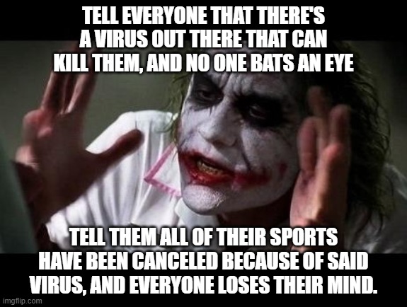 Logic Malfunction | TELL EVERYONE THAT THERE'S A VIRUS OUT THERE THAT CAN KILL THEM, AND NO ONE BATS AN EYE; TELL THEM ALL OF THEIR SPORTS HAVE BEEN CANCELED BECAUSE OF SAID VIRUS, AND EVERYONE LOSES THEIR MIND. | image tagged in joker everyone loses their minds | made w/ Imgflip meme maker