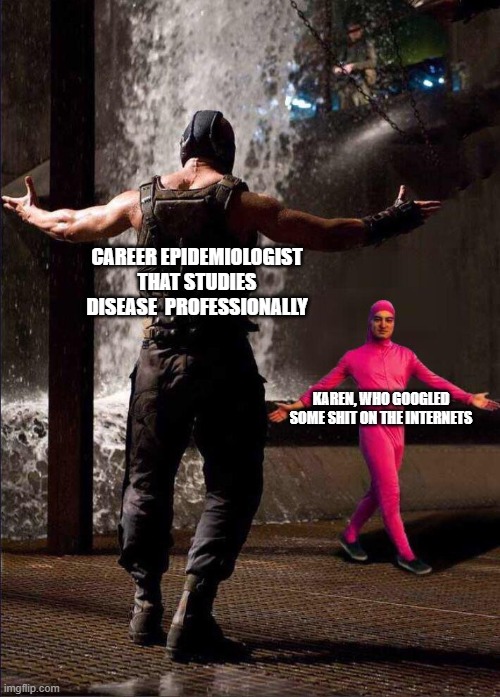 Pink Guy vs Bane | CAREER EPIDEMIOLOGIST THAT STUDIES DISEASE  PROFESSIONALLY; KAREN, WHO GOOGLED SOME SHIT ON THE INTERNETS | image tagged in pink guy vs bane | made w/ Imgflip meme maker