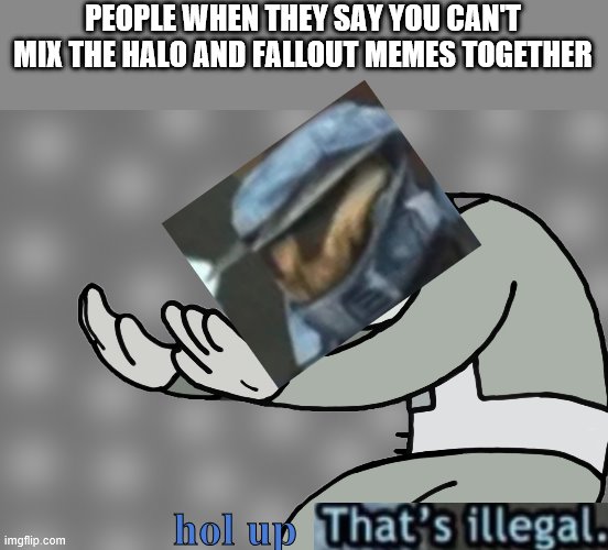 fallout x halo memes | PEOPLE WHEN THEY SAY YOU CAN'T MIX THE HALO AND FALLOUT MEMES TOGETHER; hol up | image tagged in hol up,wait thats illegal,memes | made w/ Imgflip meme maker