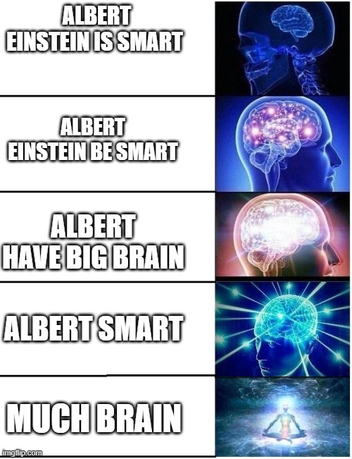 Expanding Brain 5 Panel | ALBERT EINSTEIN IS SMART; ALBERT EINSTEIN BE SMART; ALBERT HAVE BIG BRAIN; ALBERT SMART; MUCH BRAIN | image tagged in expanding brain 5 panel | made w/ Imgflip meme maker