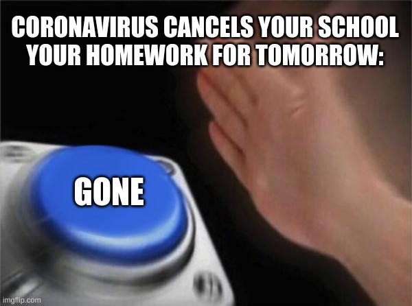 Blank Nut Button Meme | CORONAVIRUS CANCELS YOUR SCHOOL
YOUR HOMEWORK FOR TOMORROW:; GONE | image tagged in memes,blank nut button | made w/ Imgflip meme maker