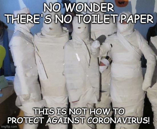 Corona Mummy  NO WONDER THERES NO TOILET PAPER THIS IS NOT HOW TO PROTECT AGAINST CORONAVIRUS  image tagged in tptoilet papaercoronavirustp mummymummy  made w Imgflip meme maker