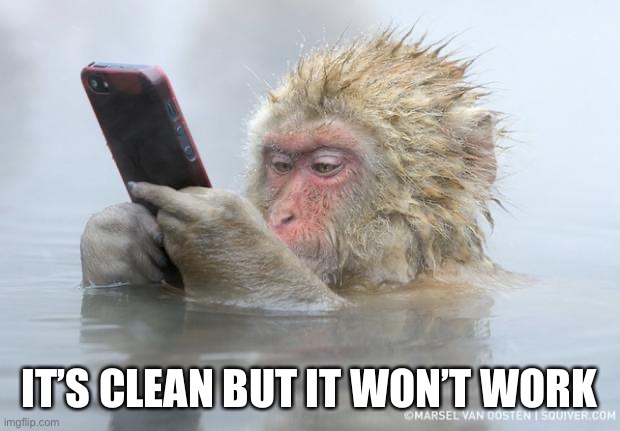 monkey mobile phone | IT’S CLEAN BUT IT WON’T WORK | image tagged in monkey mobile phone | made w/ Imgflip meme maker