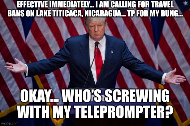 The Great Trumpholio | EFFECTIVE IMMEDIATELY... I AM CALLING FOR TRAVEL BANS ON LAKE TITICACA, NICARAGUA... TP FOR MY BUNG... OKAY... WHO’S SCREWING WITH MY TELEPROMPTER? | image tagged in donald trump,beavis cornholio,beavis and butthead,trump,memes | made w/ Imgflip meme maker